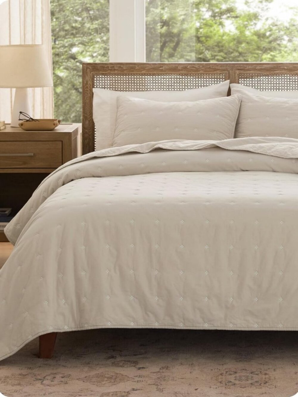 100% Cotton Queen Quilt Set - Embroidered, Soft Linen Beige Bedding Essentials